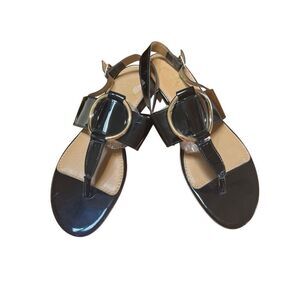 Coach & Four Women Sandals 8.5 Black Patent Leather Gold Ring Slingback Italy